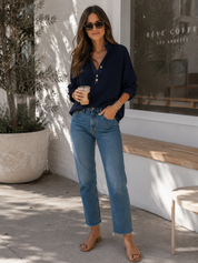 Women's Ribbed Knit Denim Collar Button Down Long Sleeve Top
