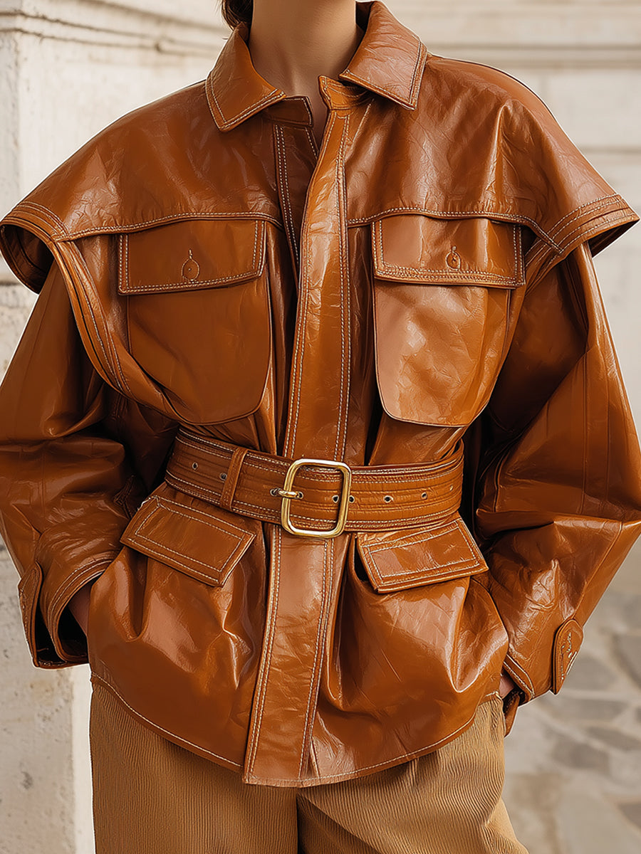 Deconstructed Cap-sleeve Cargo Pocket Eco-leather Jacket With Belt