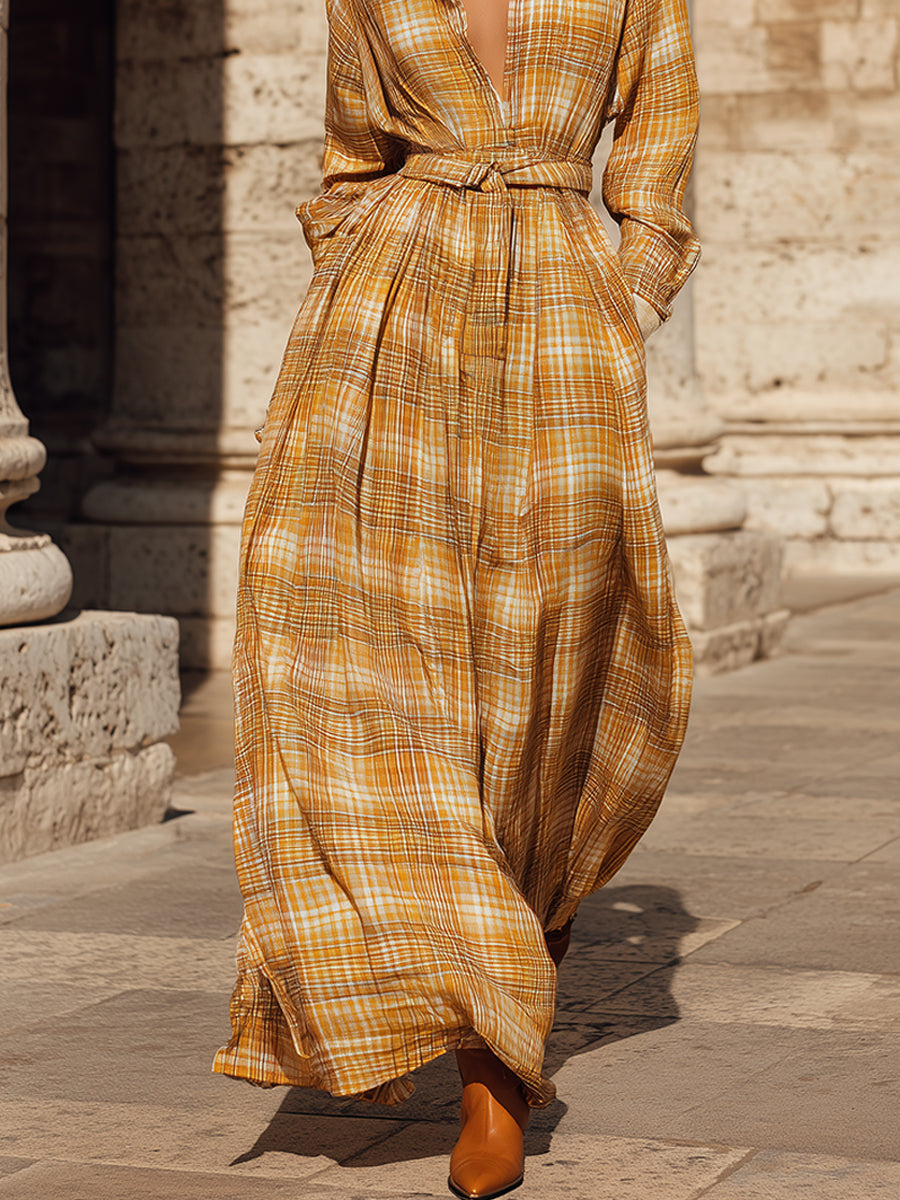 Retro Bohemian Fine Plaid Cotton Mixed Print Maxi Dress With Belt