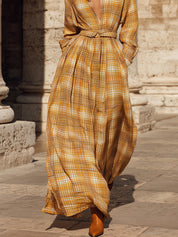 Retro Bohemian Fine Plaid Cotton Mixed Print Maxi Dress With Belt