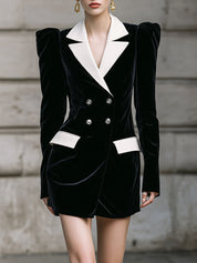 Old Money Puff Sleeve Lapel Double Breasted Velvet Mini Dress