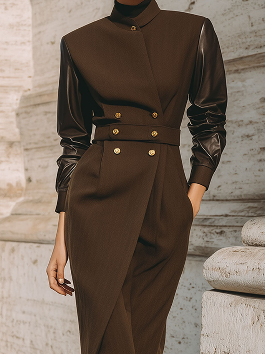 Old Money Style Pu Spliced diagonal Placket Midi Dress