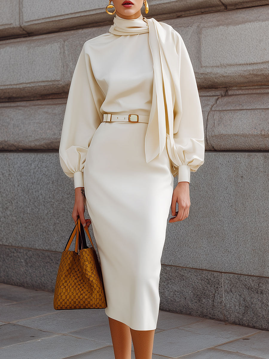 Commuting Lantern Sleeve Neckline Ribbon Midi Dress With Belt