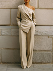Uniquely Designed Deconstructed One-shoulder Lapel Diagonal Fly Straight Jumpsuit