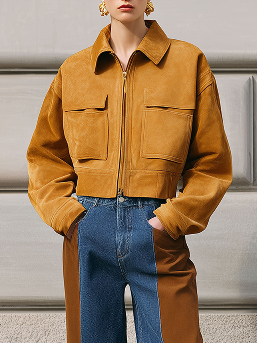 Minimalist And Stylish Suede Patch Pocket Drop Sleeve Jacket