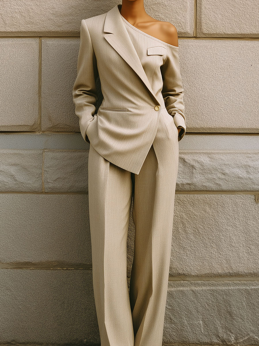 Uniquely Designed Deconstructed One-shoulder Lapel Diagonal Fly Straight Jumpsuit