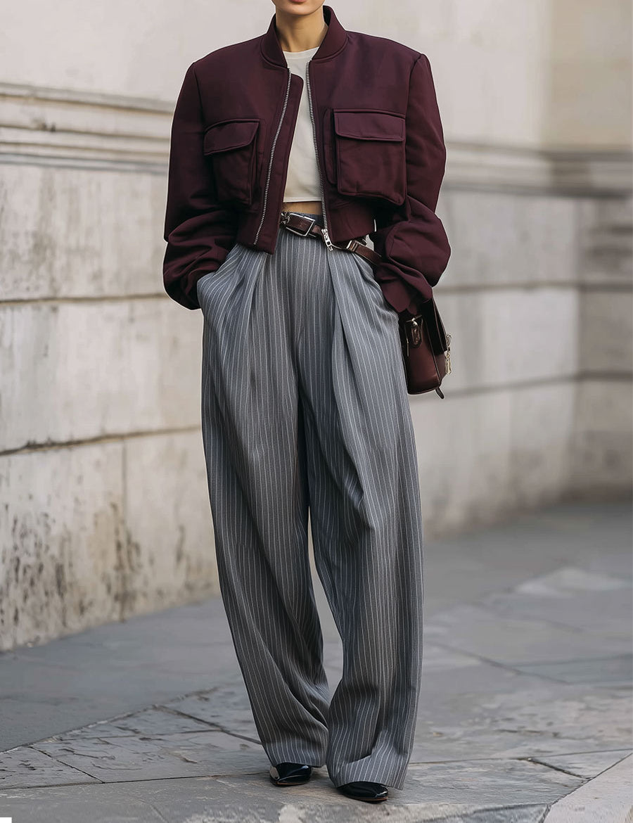 Commuting Short Bomber Jacket With Oversized Shoulder Pads