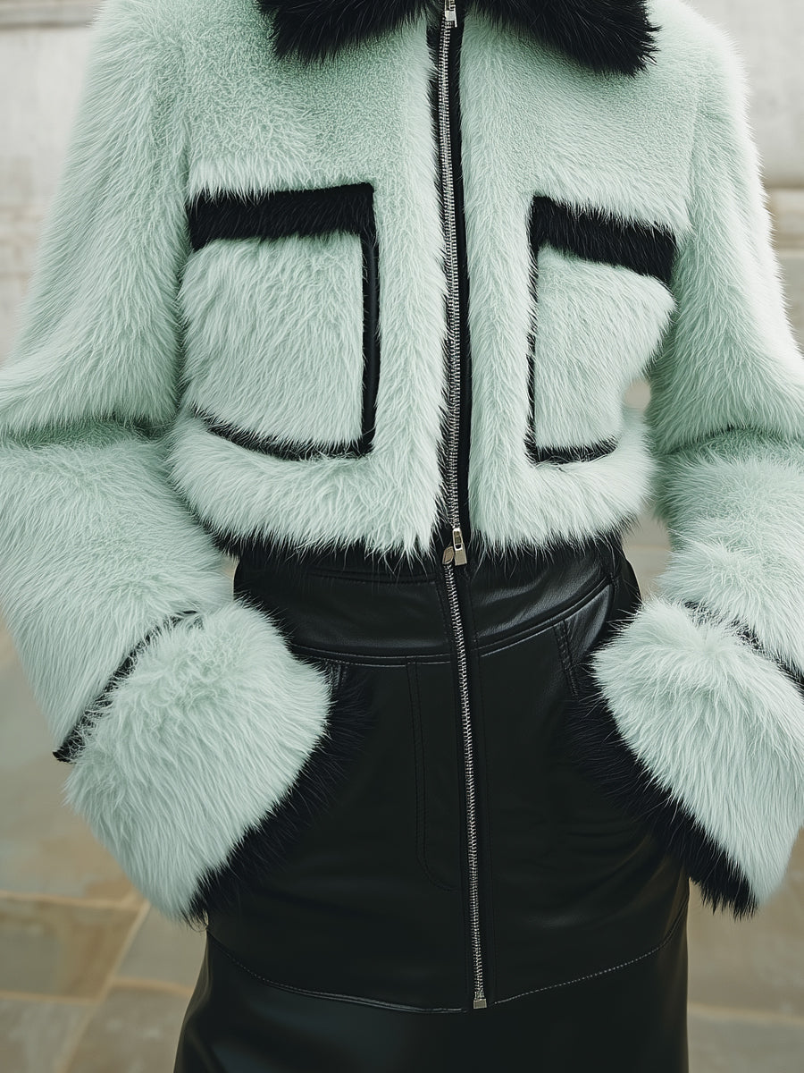 Chic Contrast Patchwork Faux Fur Front Zipper Cropped Boxy Jacket