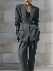 Androgynous Chic Pinstripe Shoulder Pads With Belt Blazer & Straight Pants Set