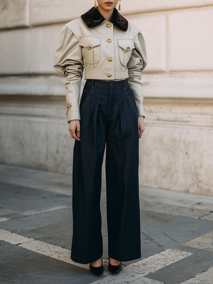 Minimalist High-waist Pinch Pleated Baggy Jeans