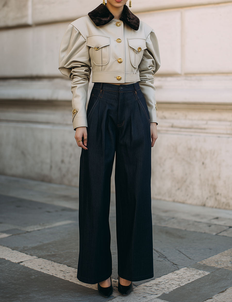 Stylish Pleated Leg-of-mutton Sleeve Eco-leather Cropped Jacket