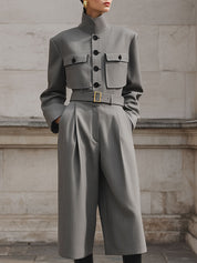 90s Minimalist Stand-up Collar Shoulder Padded Jacket & Loose Capri Pants Set