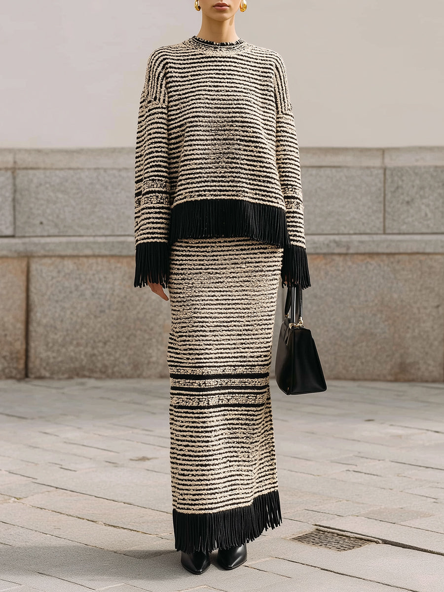 Commuter Striped Knitted Fringed Hem Dropped Shoulder Sweater & Long Straight Skirt Set