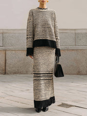 Commuter Striped Knitted Fringed Hem Dropped Shoulder Sweater & Long Straight Skirt Set