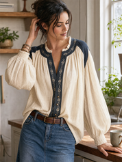 Vintage Romance Contrast Trim Cotton Peasant Top