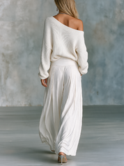Coastal Luxe Off Shoulder Knit Top & Draped Wide Leg Pants Set