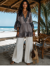 Vacation Dinner Flowy Satin Lace Tunic Mini Dress