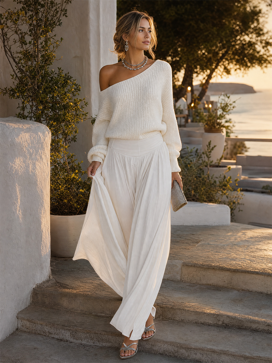 Coastal Luxe Off Shoulder Knit Top & Draped Wide Leg Pants Set