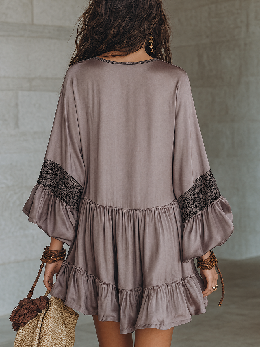 Vacation Dinner Flowy Satin Lace Tunic Mini Dress