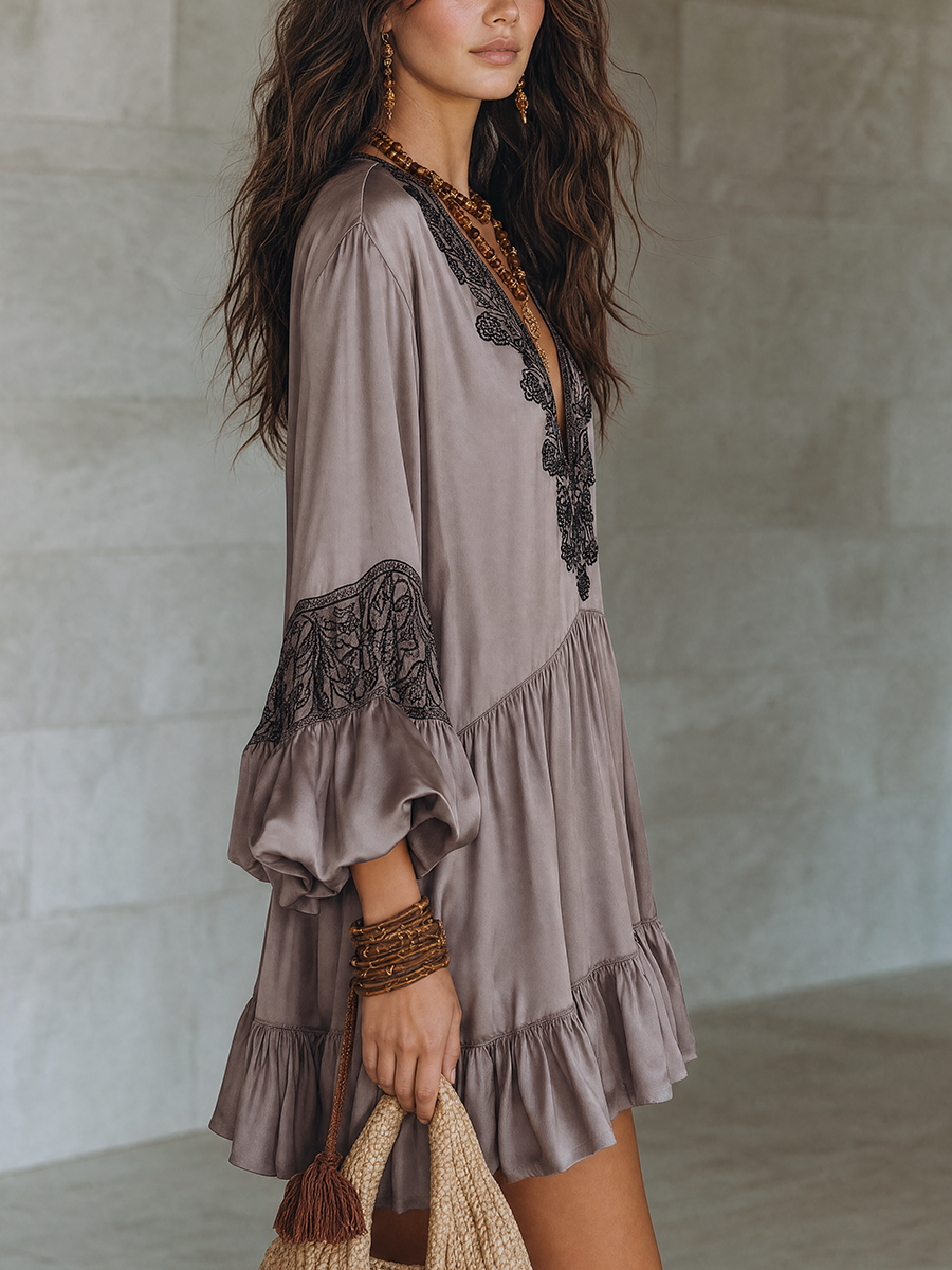 Vacation Dinner Flowy Satin Lace Tunic Mini Dress