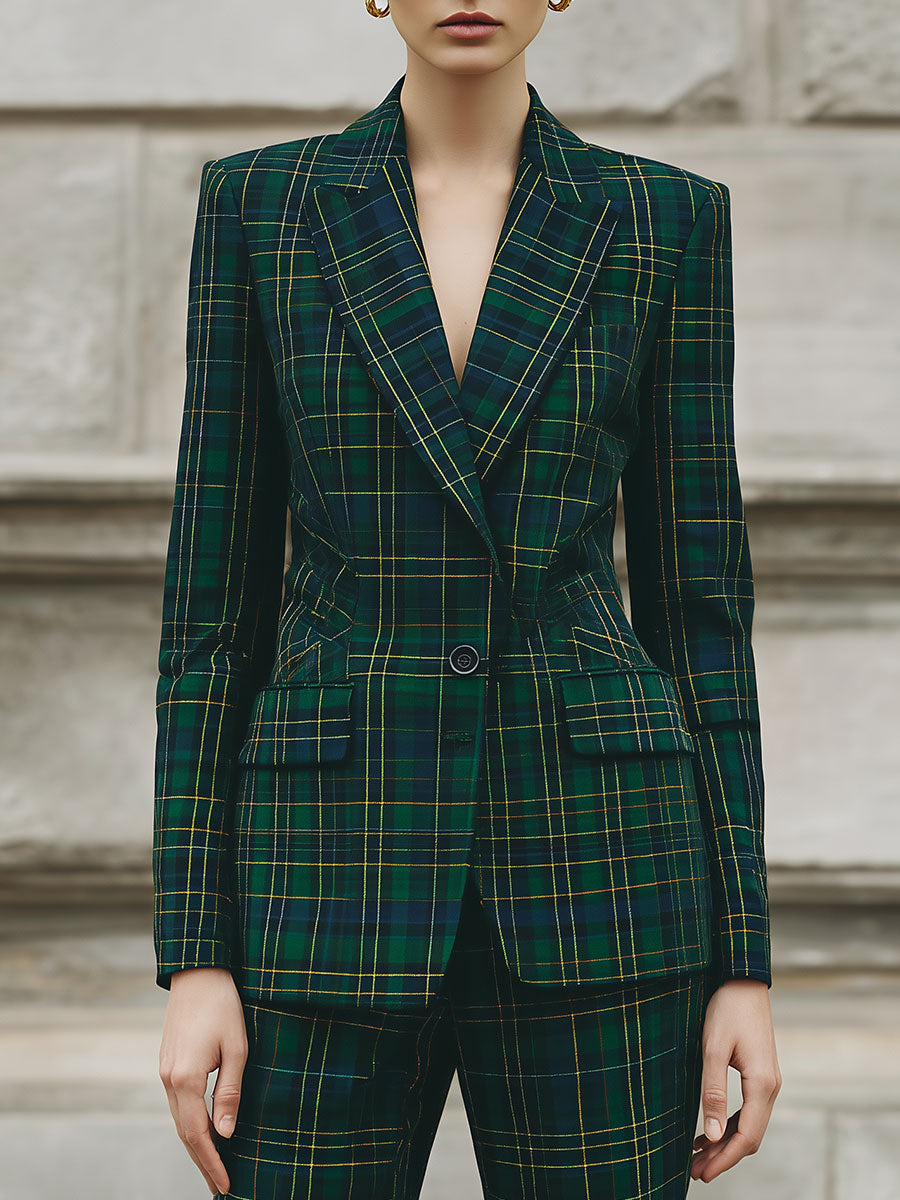 Deconstructed Plaid Lapel Waisted Woolen Blazer