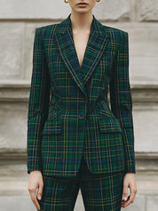 Deconstructed Plaid Lapel Waisted Woolen Blazer