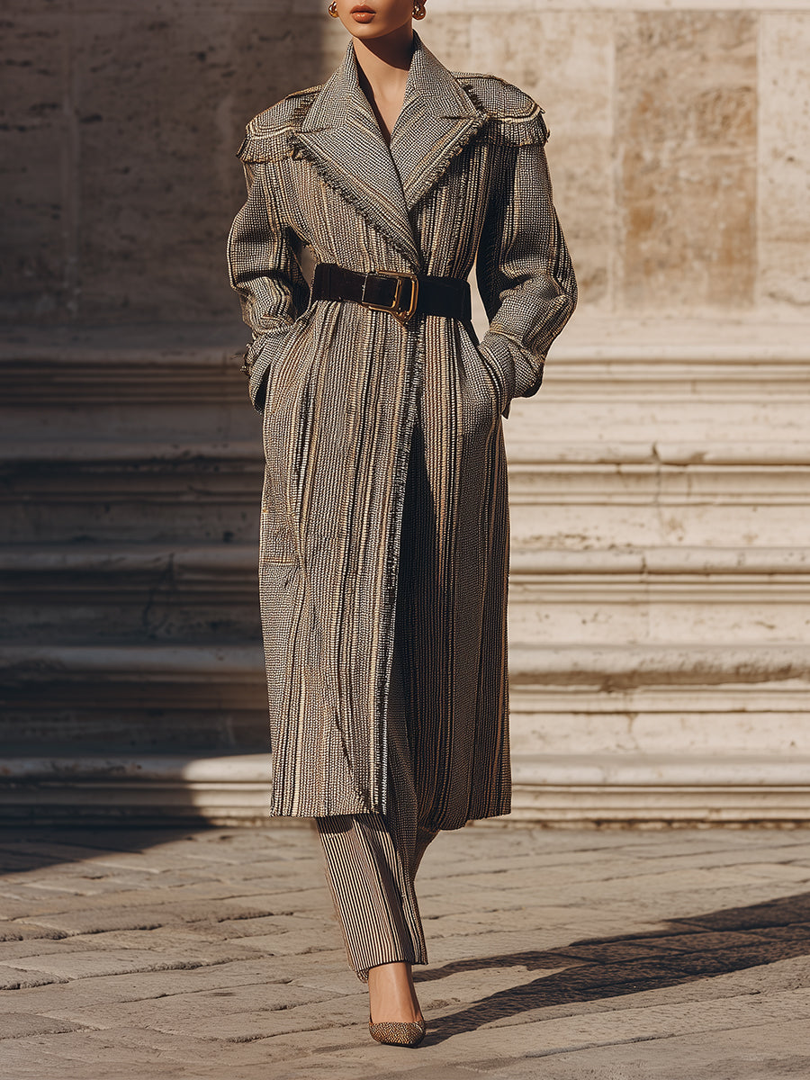 Heritage Fringed Tweed Pinstripe Belted Long Coat ﻿