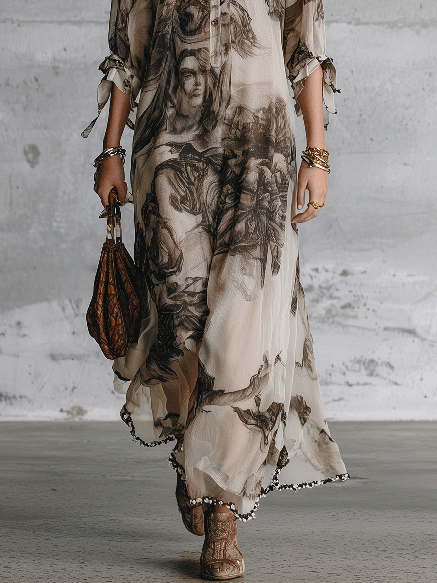 Effortless Boho Sheer Portrait-Print Loose Cream Kaftan Maxi Dress