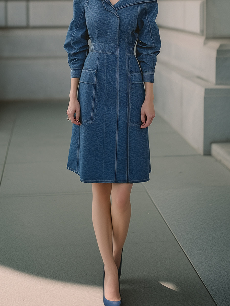 Minimalist Sailor-Collar Structured Denim Midi Dress