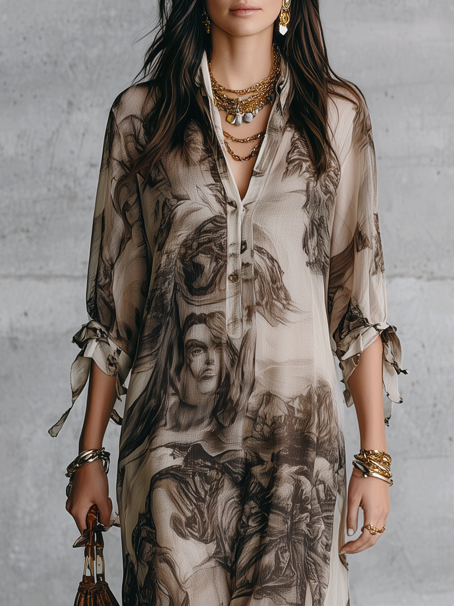 Effortless Boho Sheer Portrait-Print Loose Cream Kaftan Maxi Dress