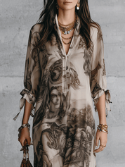 Effortless Boho Sheer Portrait-Print Loose Cream Kaftan Maxi Dress