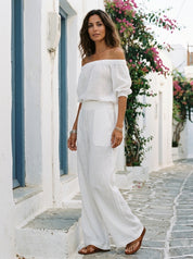 White Off-the-shoulder Linen Blend Top And Wide-leg Pants Set