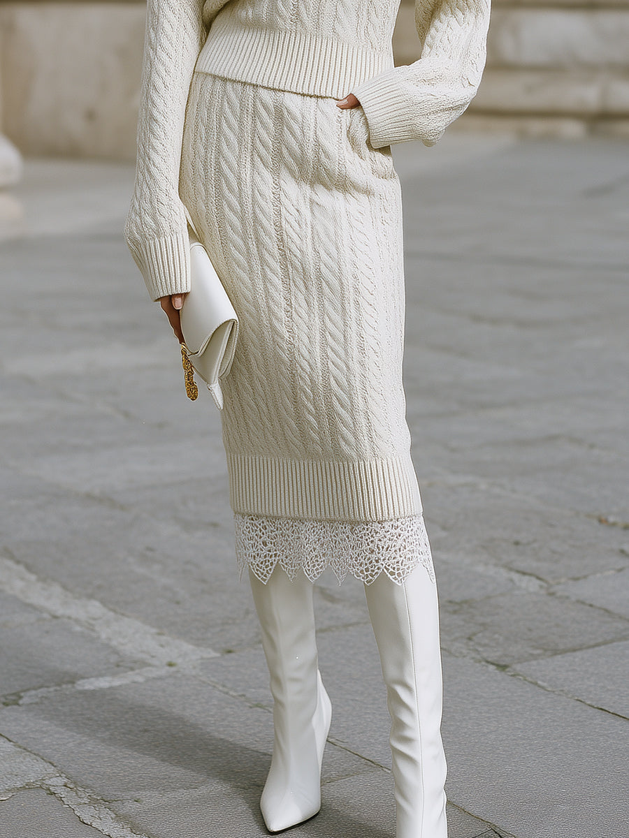 Minimalist Cable Knit Shorts Sweater & Lace Patchwork Skirt Set