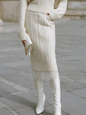Minimalist Cable Knit Shorts Sweater & Lace Patchwork Skirt Set