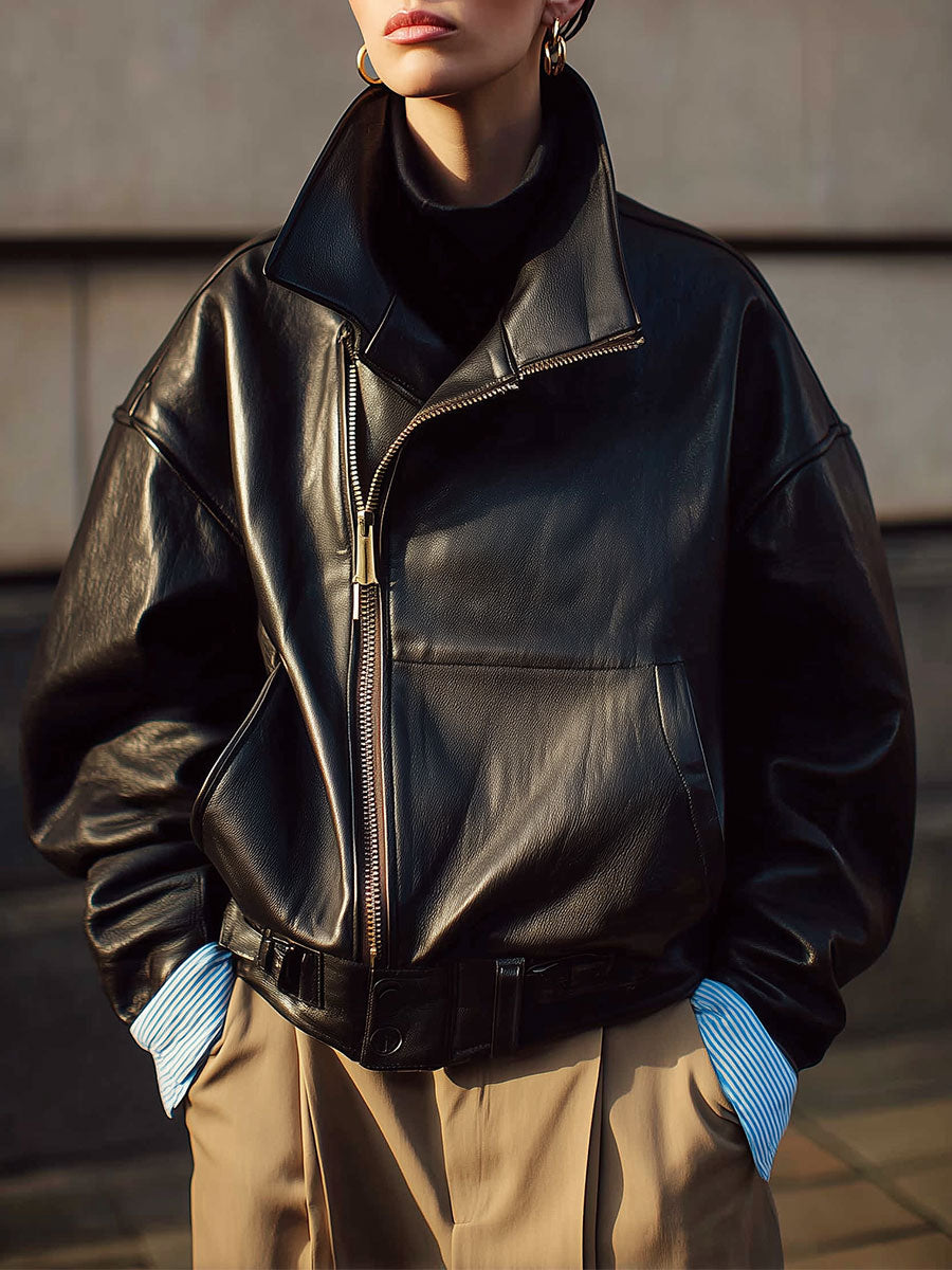 Minimalist Oversized Stand Collar Slant Placket Eco-friendly Leather Jacket