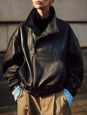 Minimalist Oversized Stand Collar Slant Placket Eco-friendly Leather Jacket