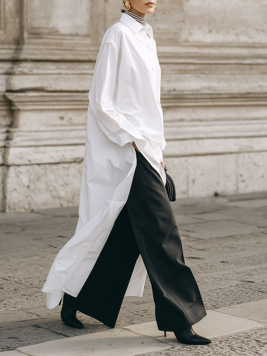 Commuting Minimalist Cotton Long Shirt Dress With High Side Slits