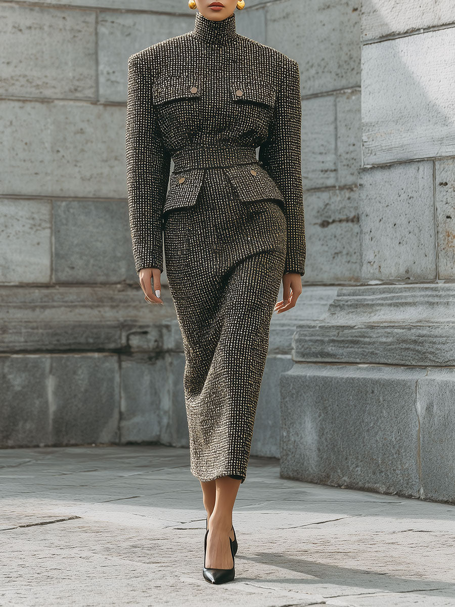 Fashionable Old Money Style Deconstructed Tweed Turtleneck Shoulder Pad Midi Dress