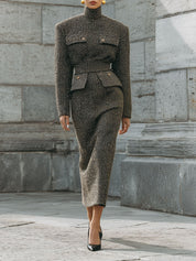 Fashionable Old Money Style Deconstructed Tweed Turtleneck Shoulder Pad Midi Dress
