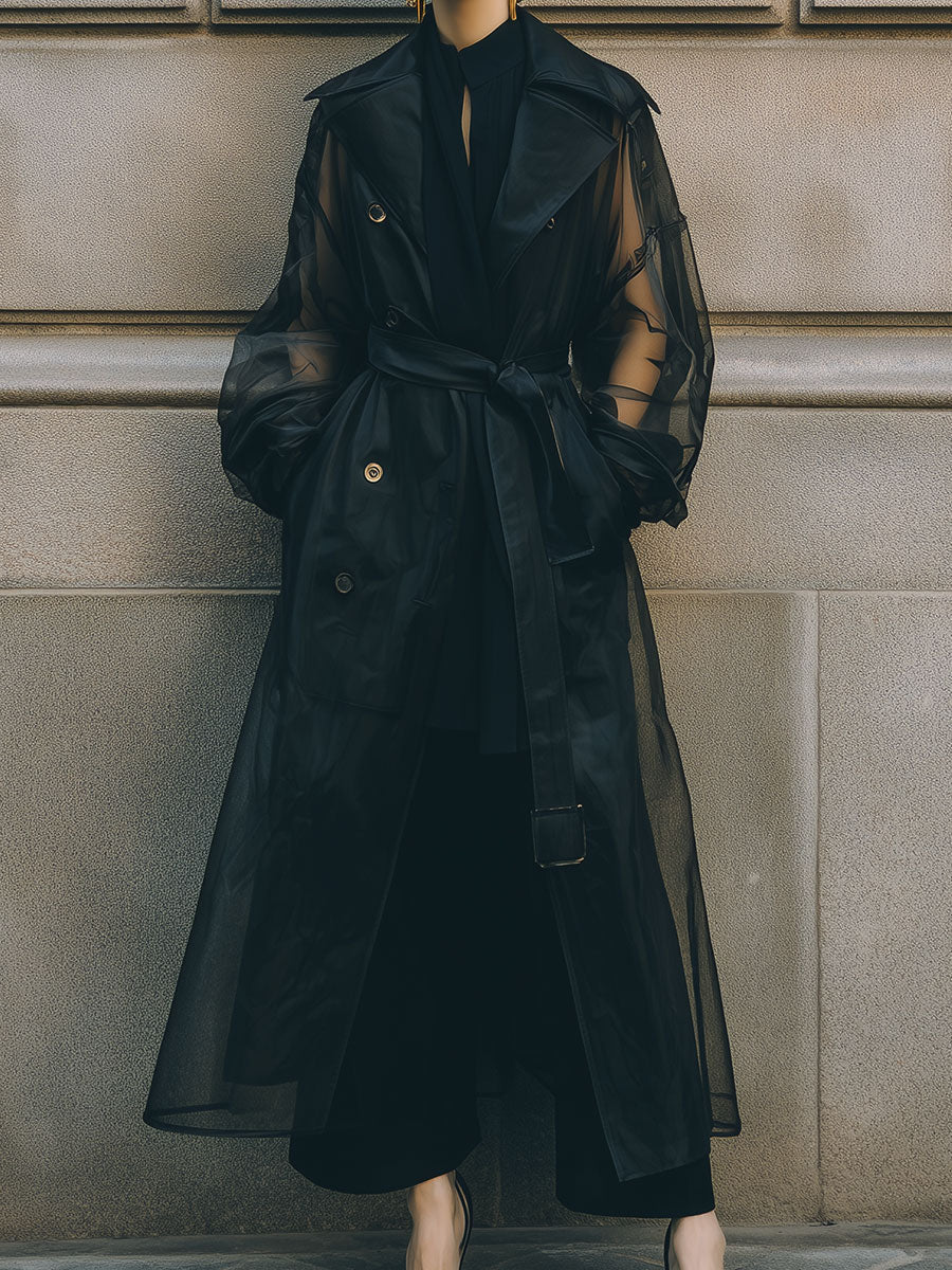 Commuting Organza Spliced mid-length Windbreaker With Belt