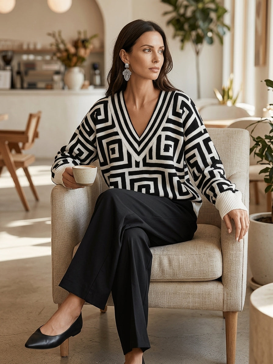 Oversized Geometric Jacquard V-Neck Sweater