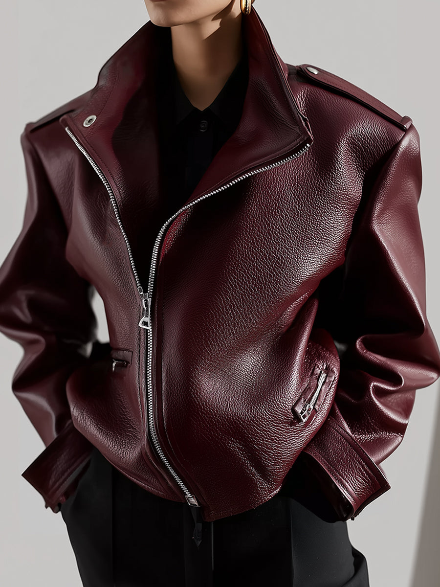 Old Money Minimalist Stand Collar Textured Environmentally Friendly Leather Oversized Jacket