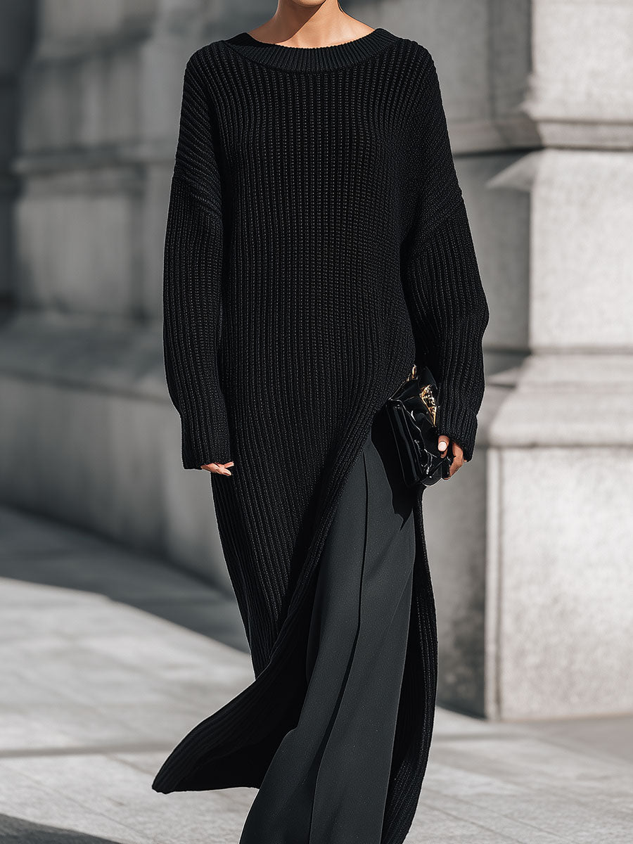 Minimalist Drop-shoulder Knitted Maxi Dress With High Side Slits