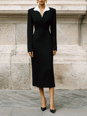 Minimalist Commuting Stitching Lapel Pencil Midi Dress