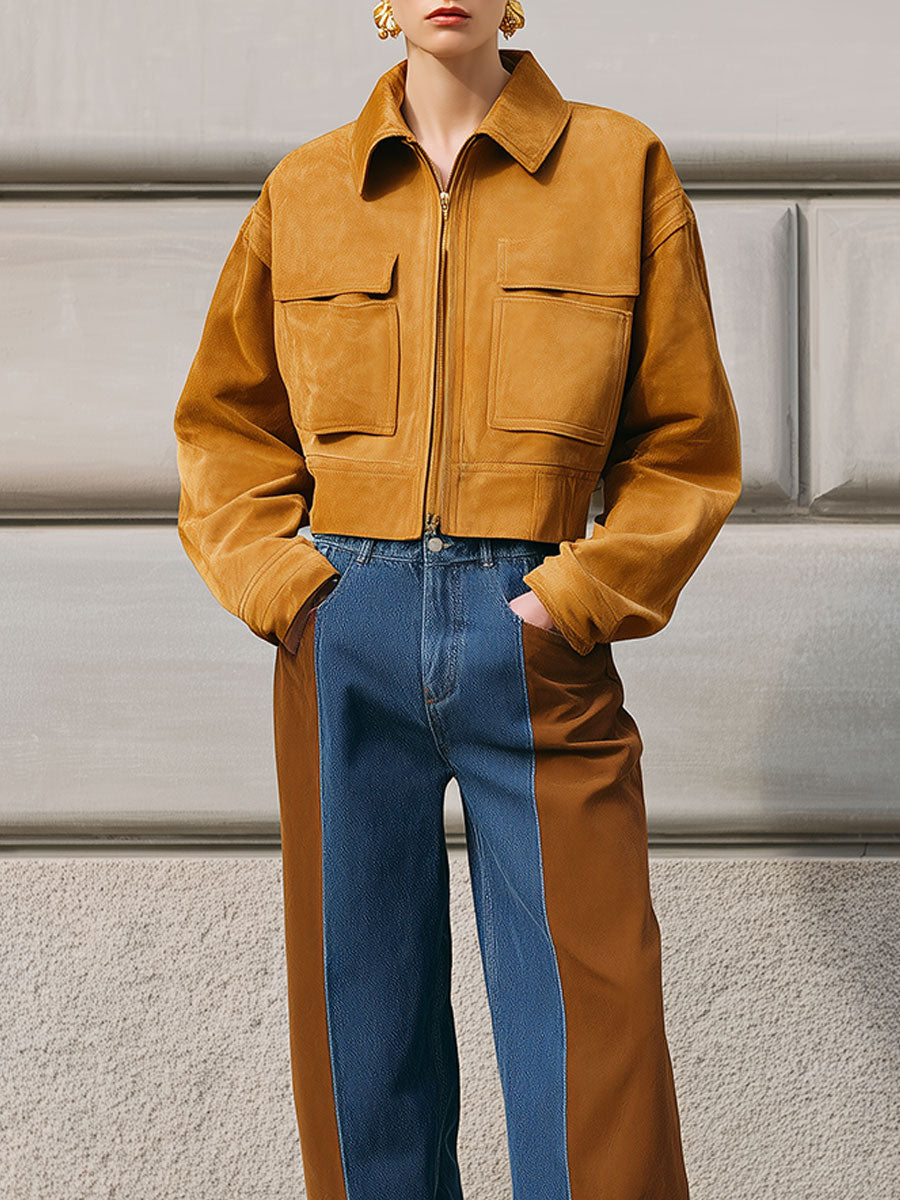 Minimalist And Stylish Suede Patch Pocket Drop Sleeve Jacket
