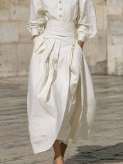 Stylish Off-shoulder Pearl Button Cotton Blouse & Deconstructed Pleated Skirt Set