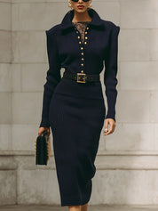 Old Money Knitted Soft Shoulder Padded Lapel Midi Dress