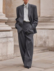 Neutral Pinstripe Lapel Blazer & Pleated Wide-leg Pants Set