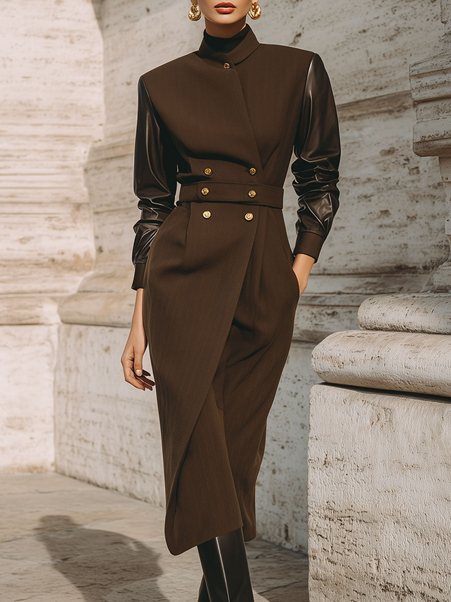 Old Money Style Pu Spliced diagonal Placket Midi Dress