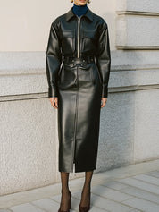 Structured Luxe Zip-Front Eco-friendly Leather Midi Dress